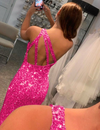 Sexy Hot Pink Velvet Sequins Fitted One Shoulder Dress PL86555