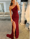 Sexy Hot Pink Velvet Sequins Fitted One Shoulder Dress PL86555