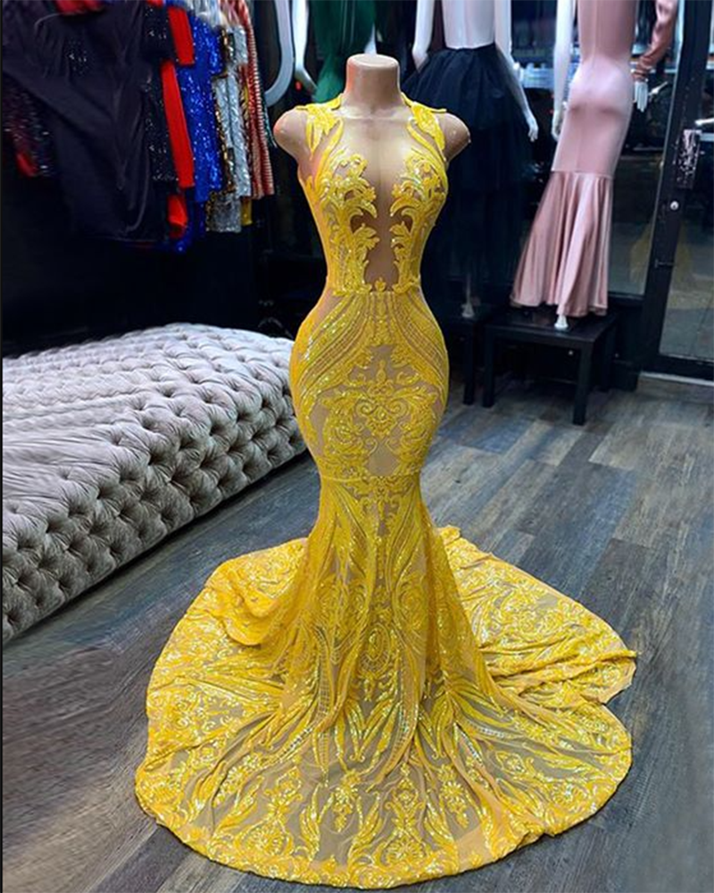 Yellow See Through Sequin Sexy Mermaid Long Dress For Evening Party  PL3112