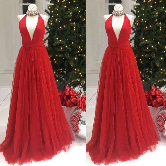 2022 halter high Neck Red Long Party Gown Evening Prom Dresses