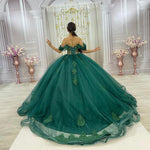 Beautiful Off the Shoulder Sexy Corset Dark Green Quince Dress Ball Gown