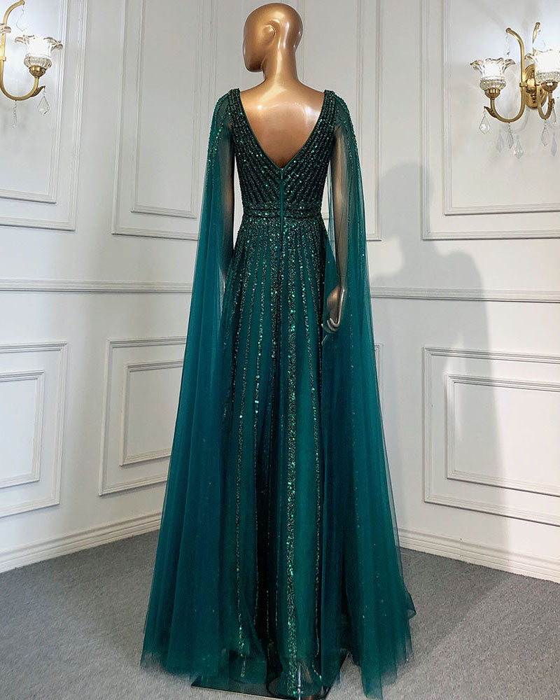 Dark Green Beading Sequin Luxry Arabic Long Evening Dress PL3129