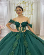 Beautiful Off the Shoulder Sexy Corset Dark Green Quince Dress Ball Gown