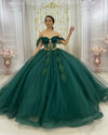 Beautiful Off the Shoulder Sexy Corset Dark Green Quince Dress Ball Gown