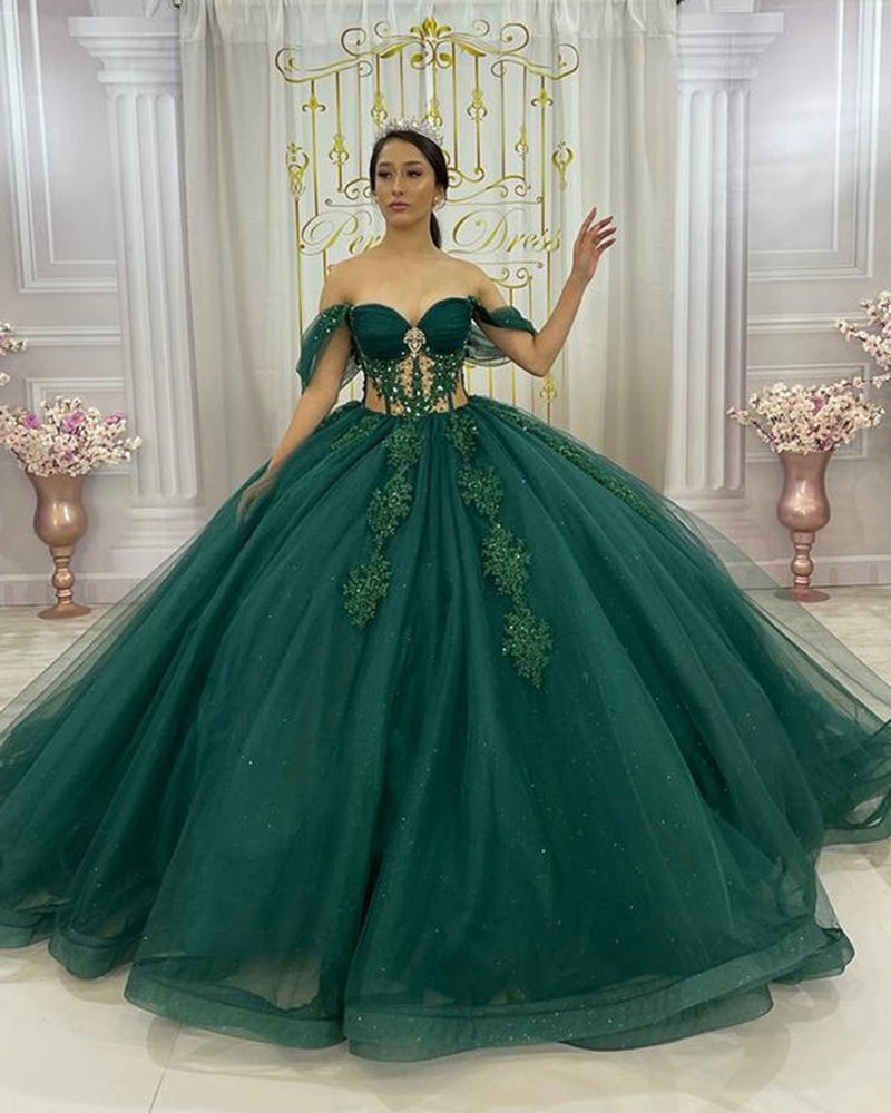 Beautiful Off the Shoulder Sexy Corset Dark Green Quince Dress Ball Gown