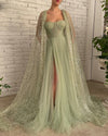 New Sage GreenLuxry Beading   Evening Party Dress for Women with Sequins Cape PL2825
