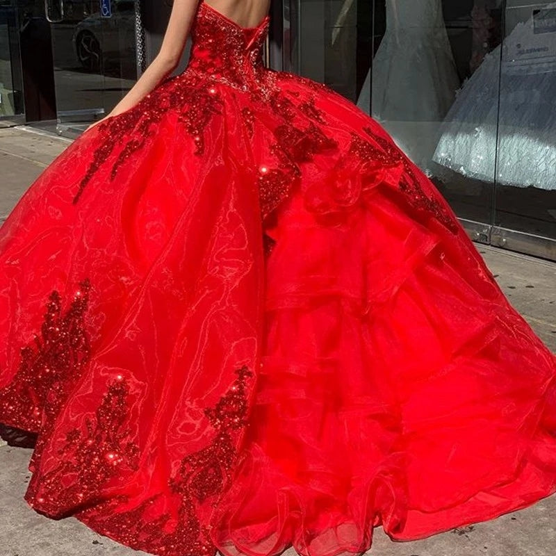 Red Sweetheart Quinceanera Dress Glittering Lace For 15 Party Gown PL2 ...