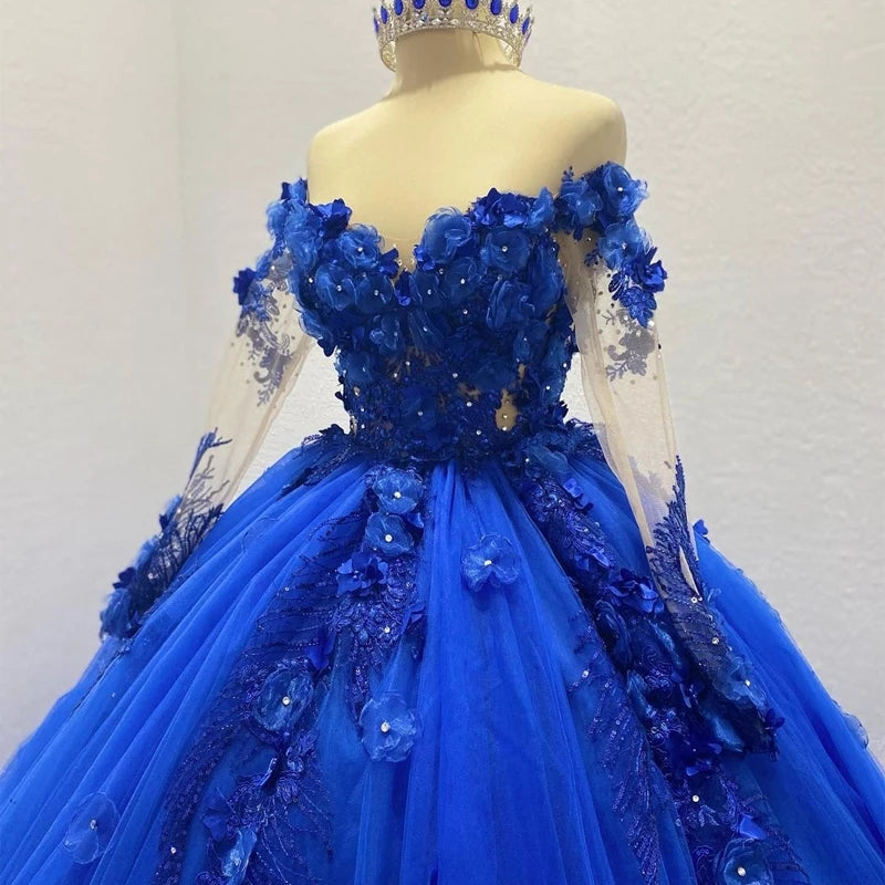 Ball Gown Royal Blue Wedding Dress ,Off the Shoulder Quinceanera dress with Lace PL3218