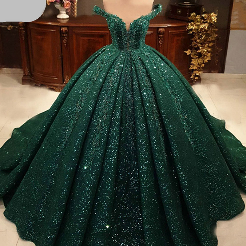 Luxury Muslim Green Sequins Beading Wedding Dress Off Shoulder Lace Evening Party Gowns Prom Dresses