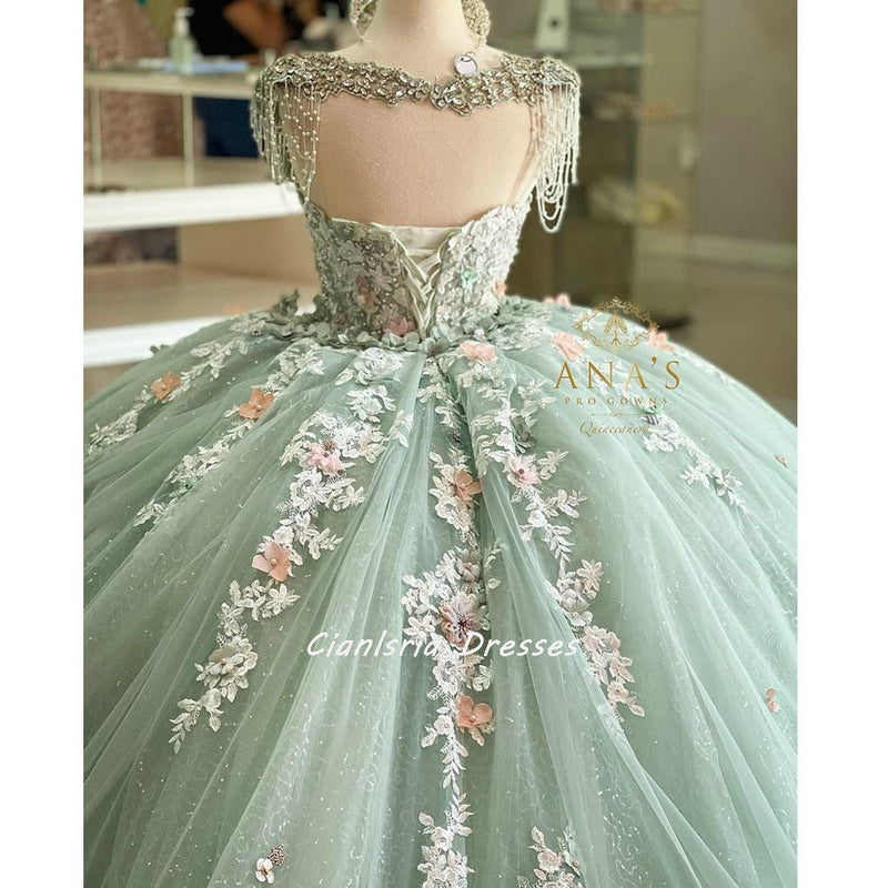 Fancy Beautiful Prom Dress Mint Green Girls Ball Gown Quinceanera Gown