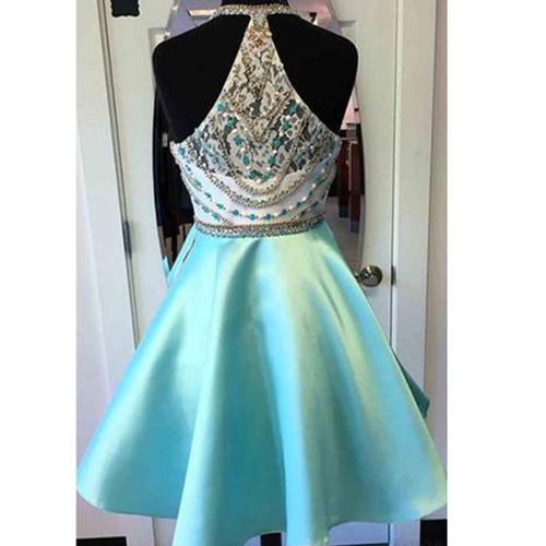 Blue Halter Short Prom Dress for Junior ,Blue Beaded A Line Semi Formal Gown,Short Homecoming Dresses