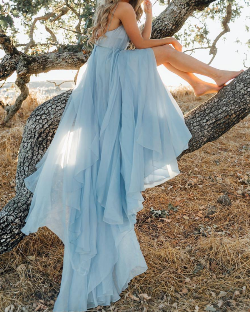 Flowing Chiffon Blue V Neck Long Split Prom Dresses Formal Evening Gow Siaoryne