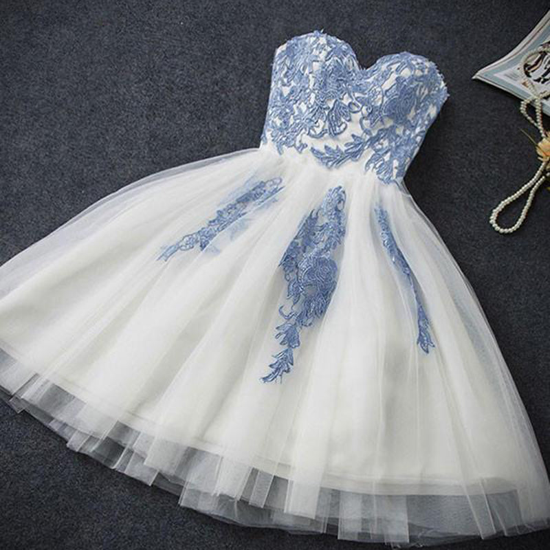 SP547 Vestido de fiesta corto elegante de encaje marfil y azul, vestido de cóctel, vestido de fiesta semiformal