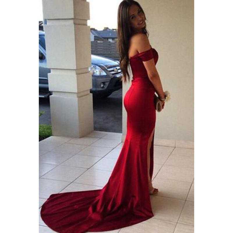 Off The Shoulder Burgundy Fitted Prom Gowns Sexy Split Evening Dresses Long