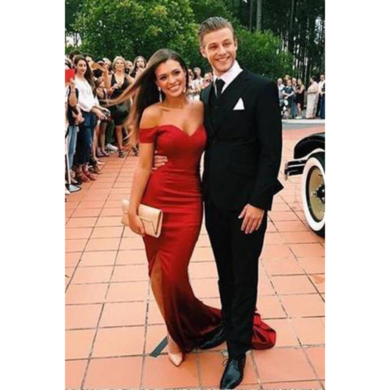 Off The Shoulder Burgundy Fitted Prom Gowns Sexy Split Evening Dresses Long