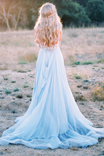 Flowing Chiffon Blue V Neck Long Split Prom Dresses Formal Evening Gown ,Bohemian Wedding Dress PL214