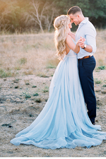 Flowing Chiffon Blue V Neck Long Split Prom Dresses Formal Evening Gown ,Bohemian Wedding Dress PL214