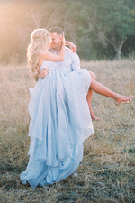 Flowing Chiffon Blue V Neck Long Split Prom Dresses Formal Evening Gown ,Bohemian Wedding Dress PL214