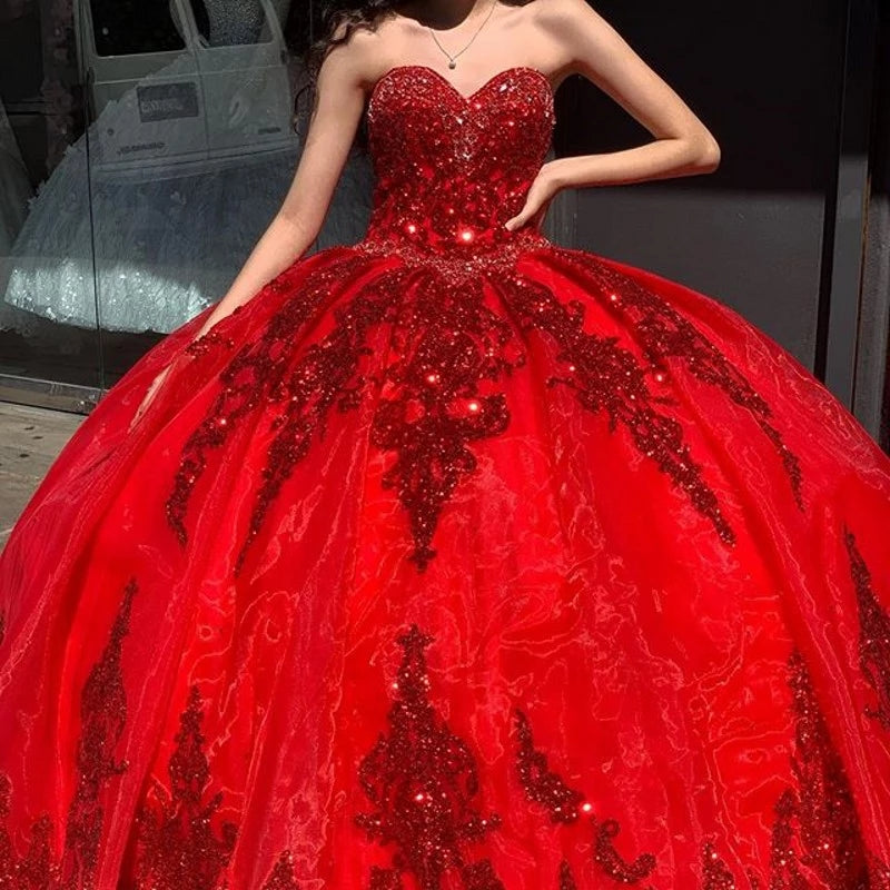 Red Sweetheart Quinceanera Dress Glittering Lace For 15 Party  Gown PL2329