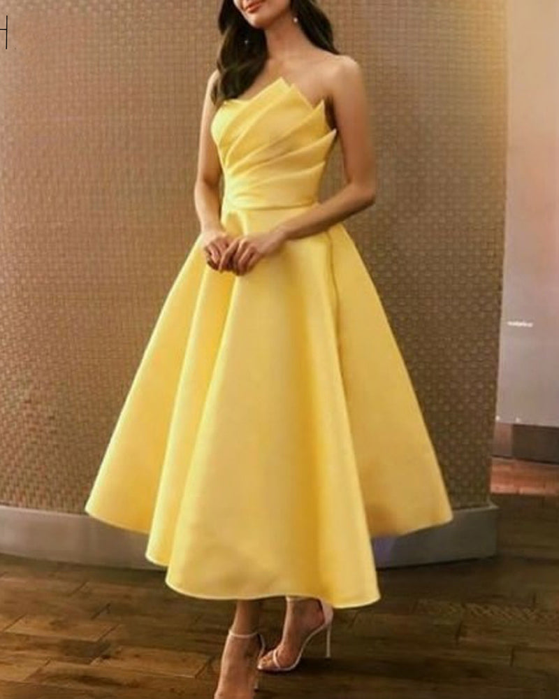 Yellow Strapless Tea Length Short Prom Dress Homecoming Graduation Gowns 2024 PL2928