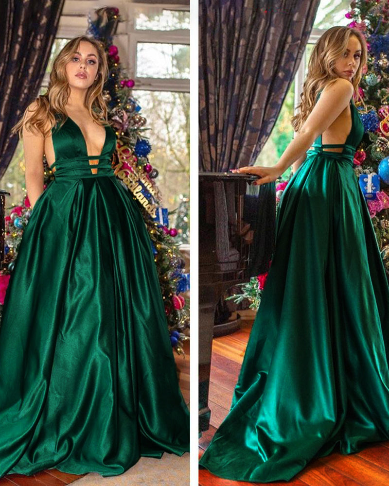 Sexy V Neck Long Satin A Line Deep V Neck Emerald Evening Dress   Long Party Gown PL10909