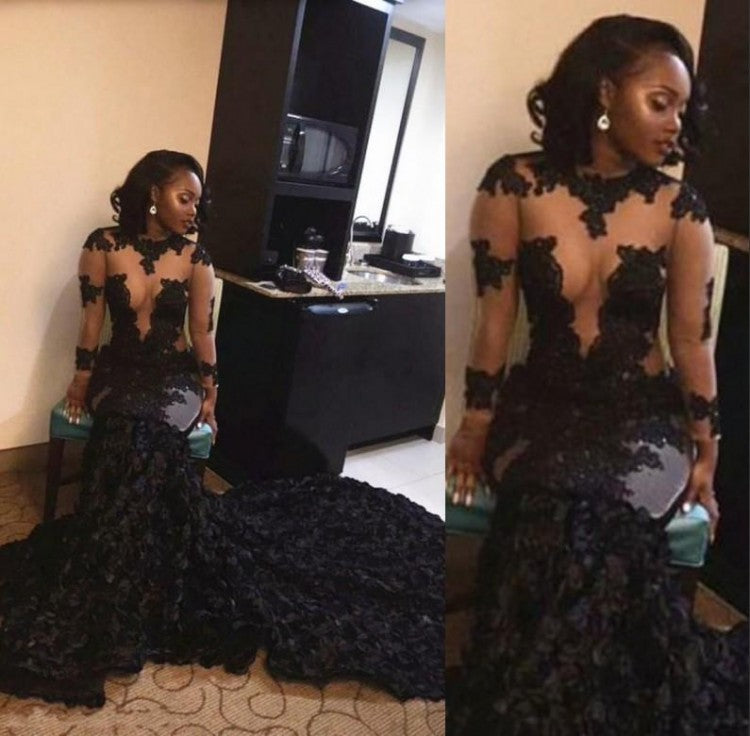 Stunning Black African Prom Dresses Mermaid Illusion Flowers Long Sleeves Evening Dress Long Sweep Train arabic dresses dubai Party Gowns