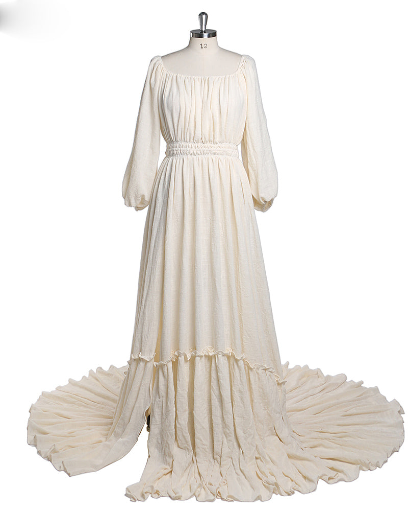 Linen Off Shoulder Full Sleeves Maternity Dresses Round Neck Photography Dresses Baby Shower Dress for Pregnant Woman 2022