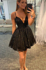 Amazing Sequins Short Sexy Black Prom Dress with Straps SP10929