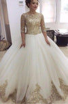 Vintage Women Bride Dress Ivory and Gold Lace Ball Gown Wedding Dress Half Sleeves