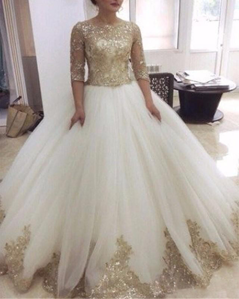 Vestido de novia vintage para mujer, vestido de novia de encaje marfil y dorado, vestido de novia de media manga 