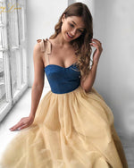 Blue and Champagen Tea Length Casual Prom Dress Girls Party Gown PL10429