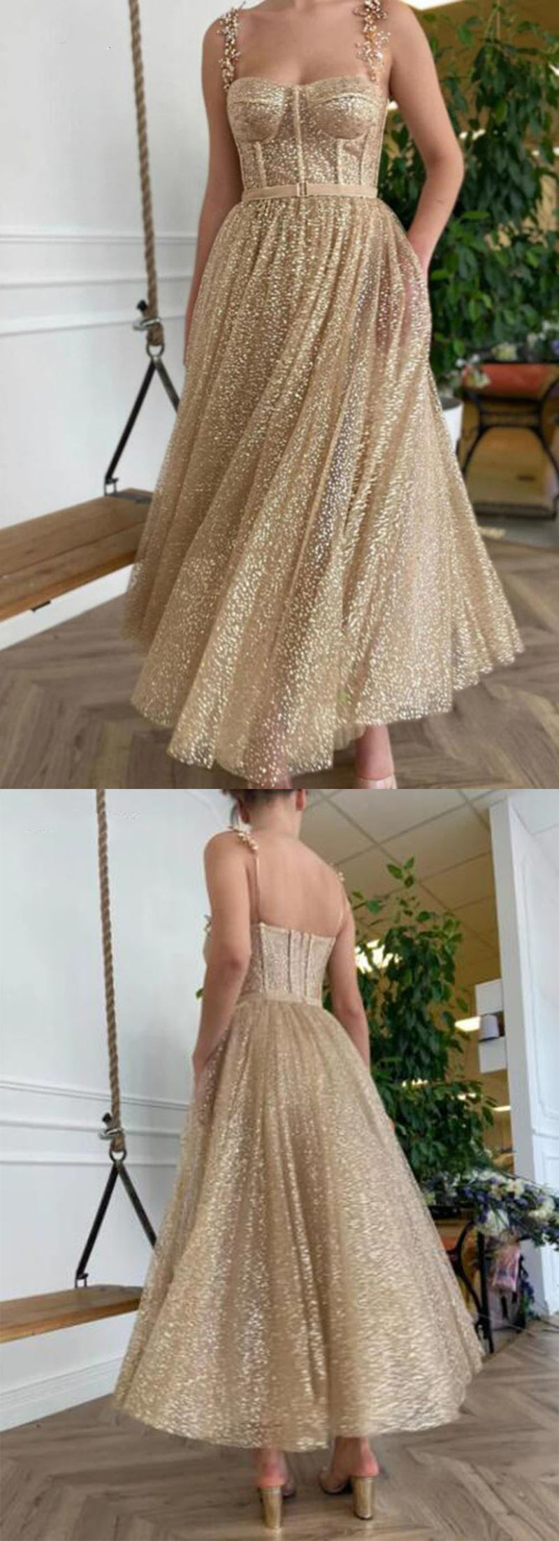 Siaoryne Gold Glitter Tea Length Prom Dresses Straps A Line Short Evening Dress Party dresses Custom Made PL10514
