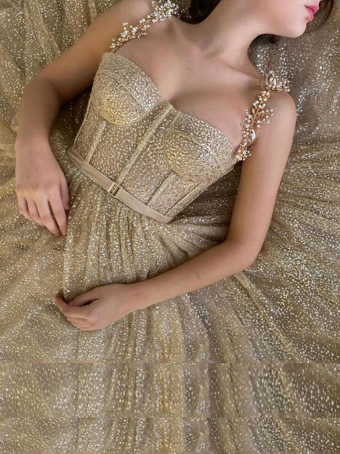 Siaoryne Gold Glitter Tea Length Prom Dresses Straps A Line Short Evening Dress Party dresses Custom Made PL10514