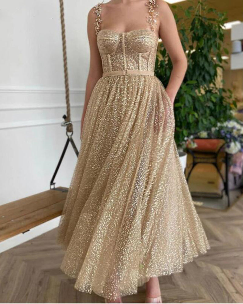 Siaoryne Gold Glitter Tea Length Prom Dresses Straps A Line Short Evening Dress Party dresses Custom Made PL10514