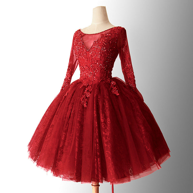 SP2478 Vestido de fiesta burdeos de manga larga, vestido corto para regreso a casa, vestido de graduación 2018 con encaje y cuentas 