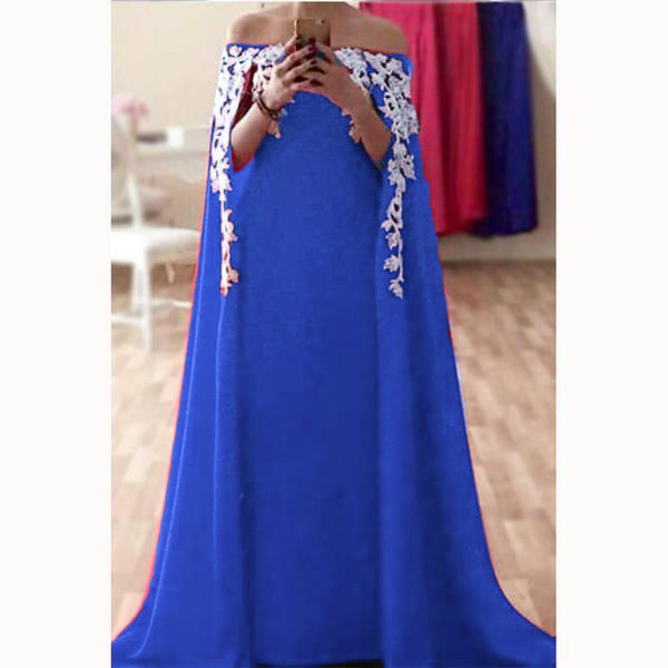 red Arabic Appliqued Lace Long Evening Dresses 2018 Formal Prom Gown With Cape vestido longo de festa