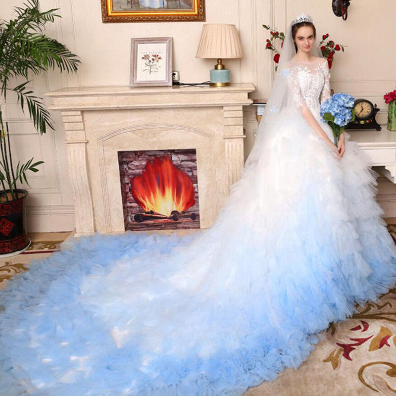 Vestido de novia de lujo con degradado blanco y azul, mangas cortas, encaje, WD714