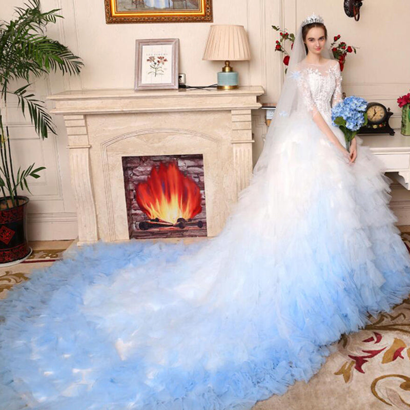 Luxury Ombre Wedding Dress White/Blue Short Sleeves Lace Bridal Gown WD714