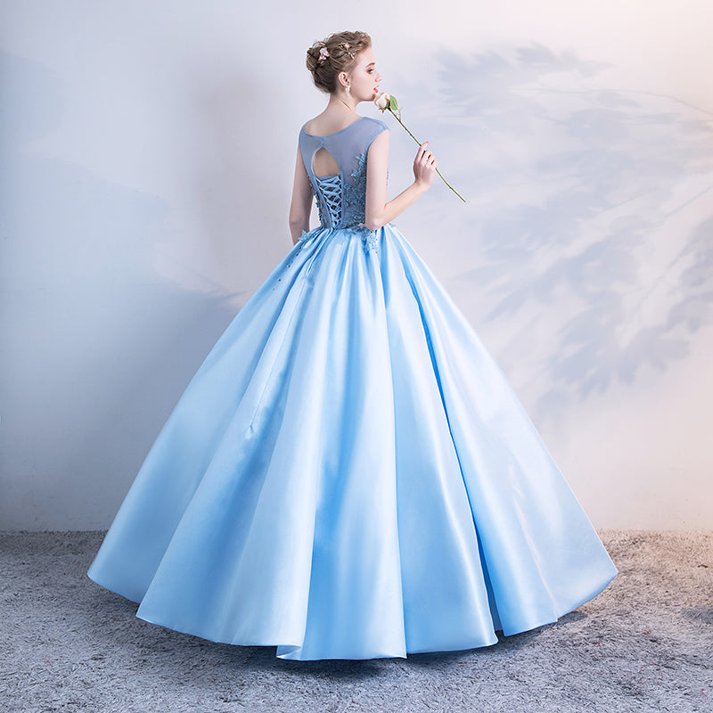 Sky Blue Cap Sleeves Beading and Floral Ball Gown Prom Dress,Sweet 16 Dress,Engagement Gown PL1005