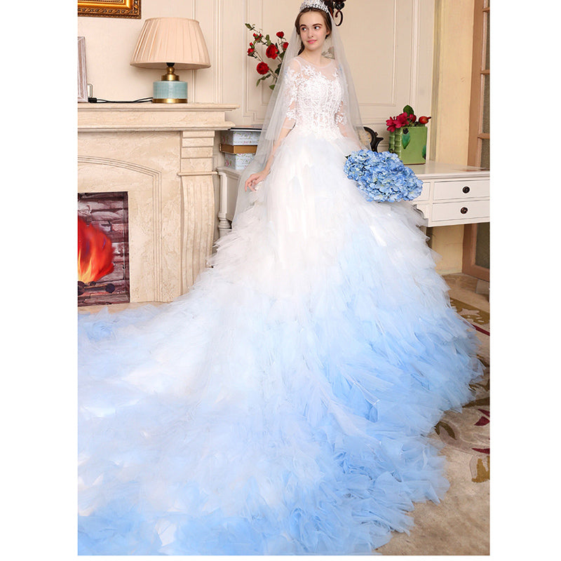 Luxury Ombre Wedding Dress White/Blue Short Sleeves Lace Bridal Gown W Siaoryne Luxury Ombre Wedding Dress White/Blue Short Sleeves Lace Bridal Gown W Siaoryne