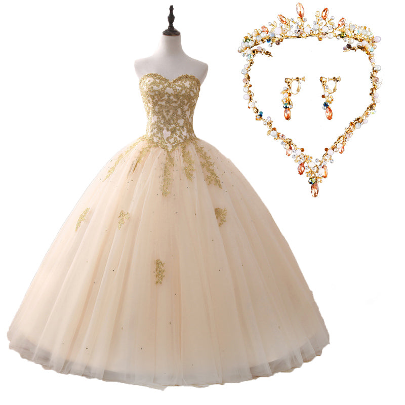 Sparkle Gold Lace Ball Gown Prom Dress Princess Quinceanera Dresses 2018 Girls Sweet 16 Party Gown with Beading