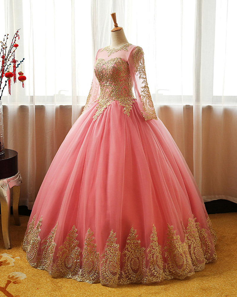 Red and Gold Ball Gown prom dress with Long Sleeves Wedding gown WD750
