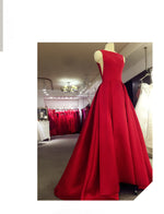 Fashion Red Boat Neck A Line Satin Prom Dresses Long Evening Formal Wear 2020 Vestido De Festa