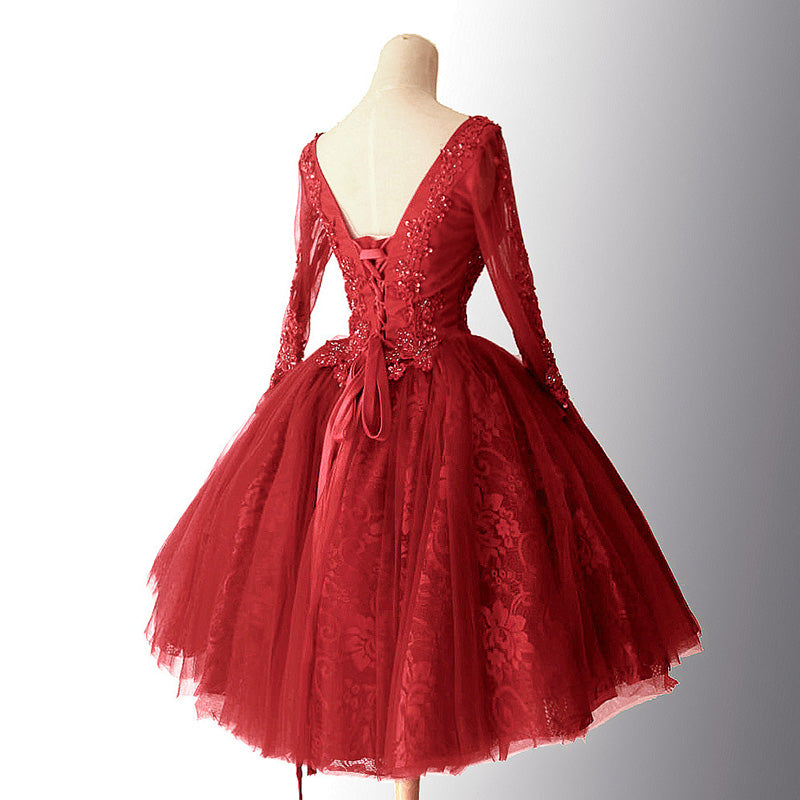 SP2478 Long Sleeves Burgundy Prom Dress Short Homecoming Dress Graduation Gown 2018 with Lace and Beading