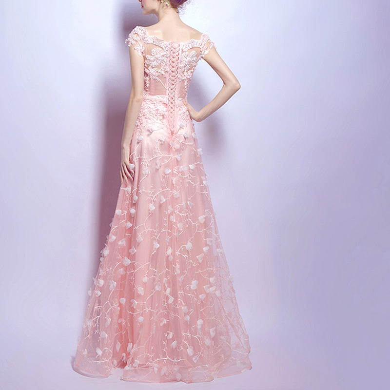 Gorgeous Coral Pink Short Sleeves Girl Prom Dresses Long with Lace Flowers 2020 Evening Party Gown LP6610