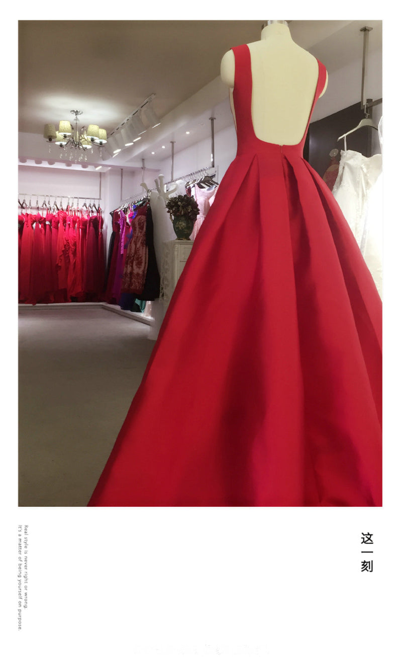 Fashion Red Boat Neck A Line Satin Prom Dresses Long Evening Formal Wear 2020 Vestido De Festa