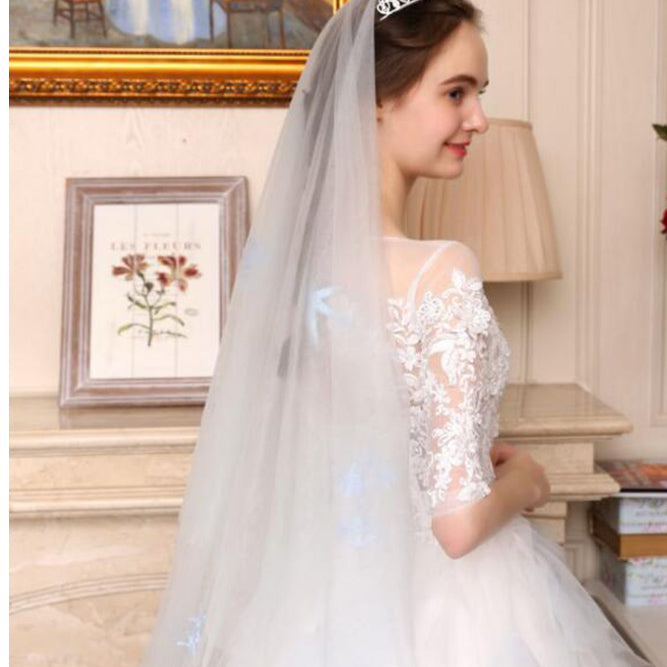 Luxury Ombre Wedding Dress White/Blue Short Sleeves Lace Bridal Gown WD714