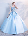 Sky Blue Cap Sleeves Beading and Floral Ball Gown Prom Dress,Sweet 16 Dress,Engagement Gown PL1005