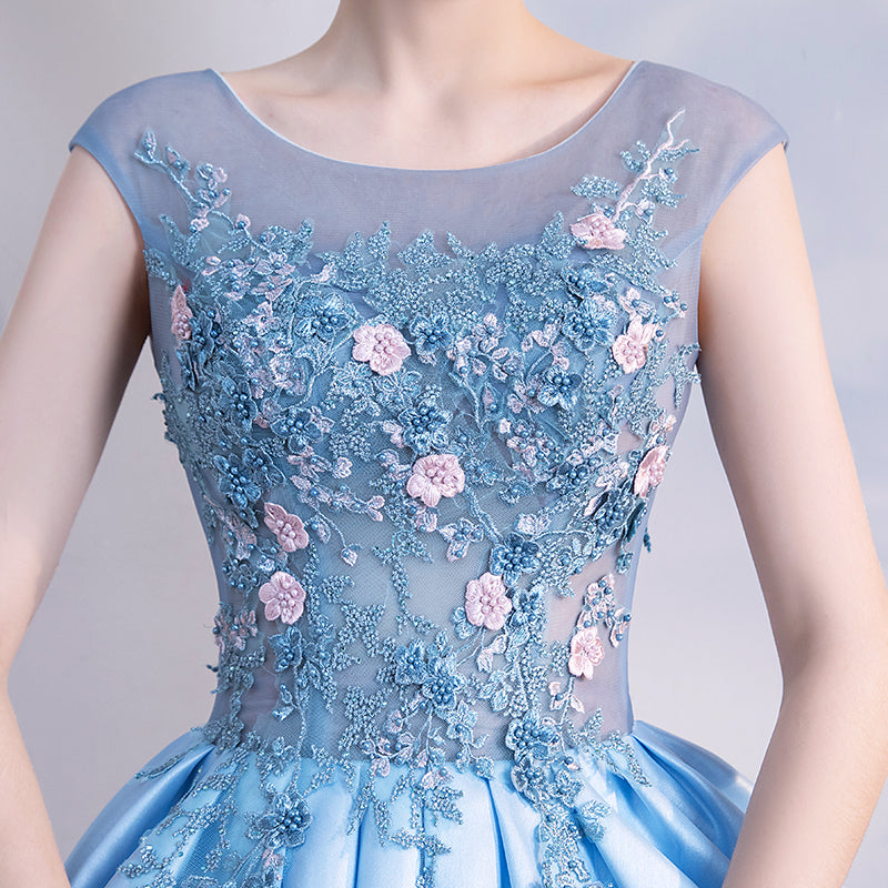 Sky Blue Cap Sleeves Beading and Floral Ball Gown Prom Dress,Sweet 16 Dress,Engagement Gown PL1005