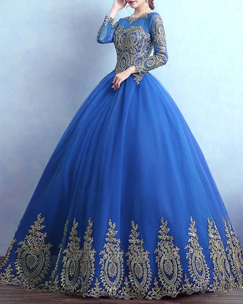 Red and Gold Ball Gown prom dress with Long Sleeves Wedding gown WD750